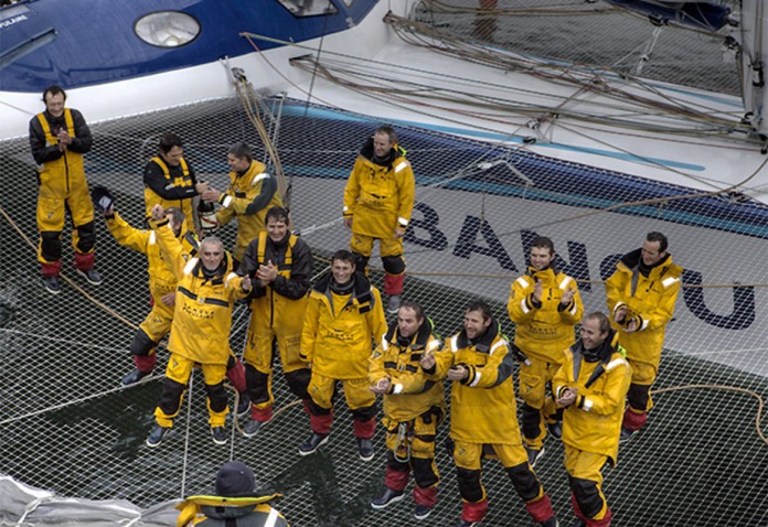 Maxi Banque Populaire V (FRA), the 140 foot trimaran skippered by Loick Peyron on her arrival from her new TrophŽe Jules Verne record, 45 days 13 hours 42 minutes 53 secondes, Brest, Brittany, France.