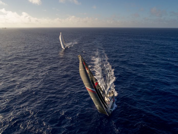 Leg 02, Lisbon to Cape Town, day 12, Neck and neck sailing with Scallywag as the fleet curves away from Brazil on board Turn the Tide on Plastic. Photo by Sam Greenfield/Volvo Ocean Race. 17 November, 2017 Neck and neck sailing with Scallywag as the flee