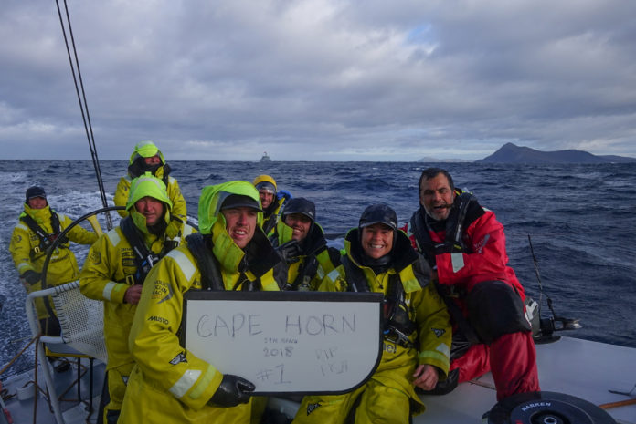 Leg 7 from Auckland to Itajai, day 12 on board Brunel. Brunel first at Cape Horn. Bouwe Bekking, Peter Burling, Andrew Cape, Carlo Huisman, Yann Riou, Alberto Bolzan, Thomas Rouxel. 29 March, 2018.29 March, 2018.