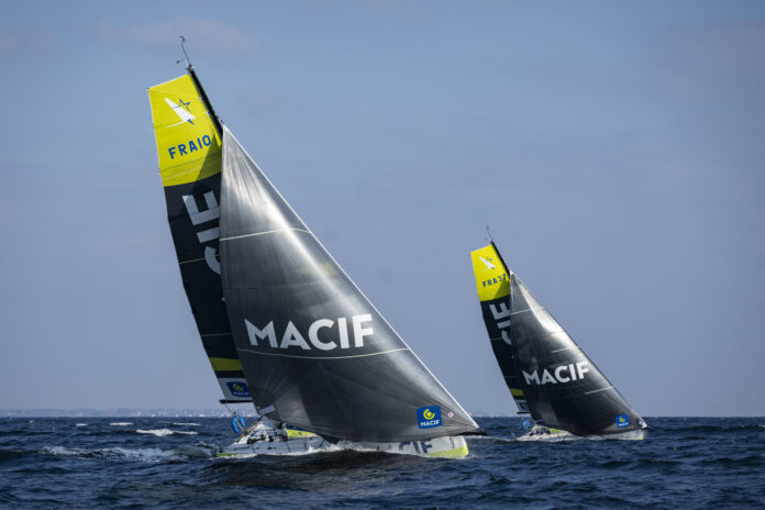 Port la forêt , FRANCE - March 17 ,2025,  Training prior for the transat and la solitaire du figaro Charlotte Yven and hugo Dhallenne, on March 17 2025, 2025 Port la forêt, France. © Pierre Bouras/ Disobey./Macif